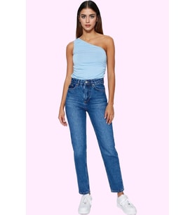 Kadın Yüksek Bel Geniş Paça Mom Jean Denim Pantolon Günlük Stil Yaz Aylarının Vazgeçilmezi (Mavi)