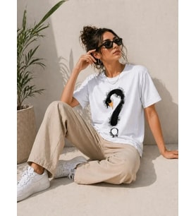 Kuğu Figürlü Soru İşareti Baskılı Tişört Kısa Kol T-Shirt - Beyaz
