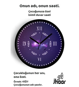 İsme Özel Soyut Yıldızlı Çocuk Odası Duvar Saati Orta Boy 30 cm Siyah Camlı Sessiz