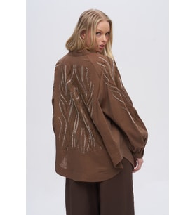 Kadın Sırtı ve Kolu Dikey Dalgalı Boncuk İşlemeli Oversize Kimono (Kahverengi)