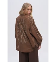 Kadın Sırtı ve Kolu Dikey Dalgalı Boncuk İşlemeli Oversize Kimono (Kahverengi)