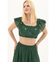 Yeşil Vual Nakışlı Yazlık Crop Bluz