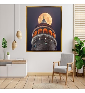 Tablore Dolunay Ve Gece Galata Kulesi Fotoğrafı Kanvas Tablo İstanbul Manzaralı Duvar Dekoru