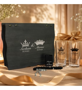Çiftlere Özel Rakı Bardağı Seti Ahşap Kutulu Tesbih ve Çakmaklı Premium Hediye