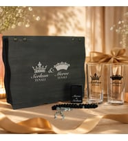 Çiftlere Özel Rakı Bardağı Seti Ahşap Kutulu Tesbih ve Çakmaklı Premium Hediye