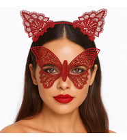 Gösterişli Kırmızı Dantel Maske ve Taç Seti 7 No – Masquerade ve Davetler için