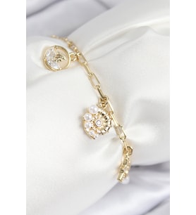 Pirinç Zirkon Taşlı Deniz Kabuğu Model Gold Renk Kadın Bileklik 5886 - GLST4204-3542