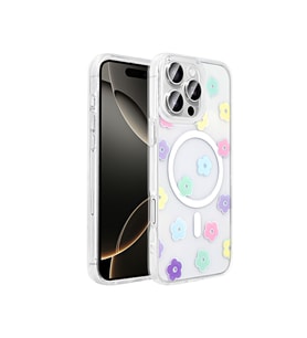 Apple iPhone 16 Pro Uyumlu Kılıf M-Safe Şarj Özellikli Şeffaf Zore Folk Sert Kapak (Papatya)