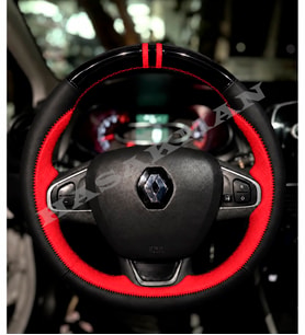 Renault Clio 4 Dikme Direksiyon Kılıfı Parlak Siyah Kırmızı Detaylı Kırmızı Çift Yüzük ve Dikiş 2012-2019