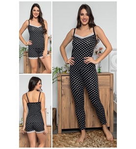Kadın Siyah Renkli Puantiyeli Dantel Detaylı Şortlu Ve Taytlı Pijama Takımı 3'lü Set 75004
