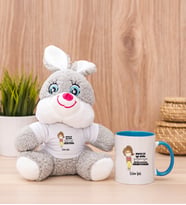 Kişiye Özel Maske İşi İyi Oldu Tasarım Esprili Peluş Tavşan ve Mavi Kupa