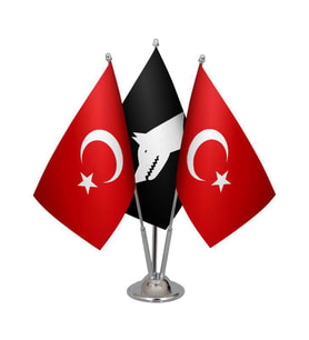 Masa Üstü Siyah Göktürk Bayrağı Türk Bayrağı Üçlü Krom Direk Masa Bayrak Seti