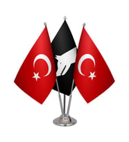 Masa Üstü Siyah Göktürk Bayrağı Türk Bayrağı Üçlü Krom Direk Masa Bayrak Seti
