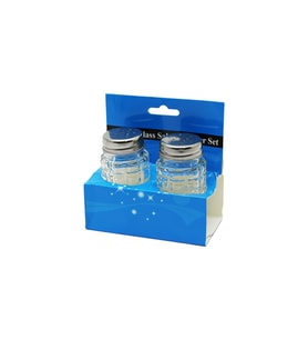Glass Salt 2Lİ Kabartmalı Metal Kapaklı Yuvarlak Cam Tuzluk - Baharatlık