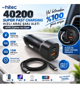 ScHitec 40200 Super Fast Turbo Araç Şarj Aleti (45W + 15W) Kablolu Set Siyah