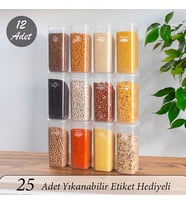 Porsima 432 12 li Etiketli Kare Un Erzak Bakliyat Saklama Kabı Takımı 1.90 lt - Şeffaf