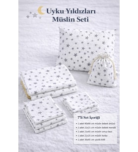 More Home % 100 Pamuk Müslin Örtü, Bebek Battaniyesi 7 Parça Set Yıldızlı Gri Beyaz