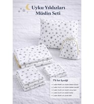 More Home % 100 Pamuk Müslin Örtü, Bebek Battaniyesi 7 Parça Set Yıldızlı Gri Beyaz