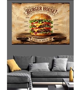 Burger House Retro Yemek Afişi Dekoratif Kanvas - Mdf Ahşap Tablo