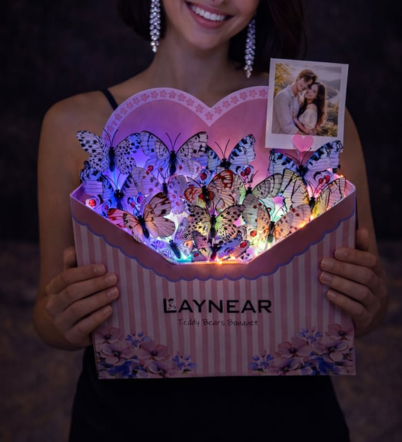 Kişiye Özel Fotoğraflı LED Işıklı Kelebek Buketi – Kalpli Zarf Tasarım