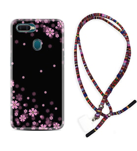 Oppo A5S A15 A16 A54 A55 A73 A74 Kılıf Boyun Asklı Rasta Silikon Black flowers 1391