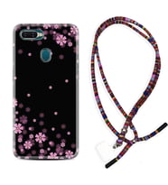 Oppo A5S A15 A16 A54 A55 A73 A74 Kılıf Boyun Asklı Rasta Silikon Black flowers 1391