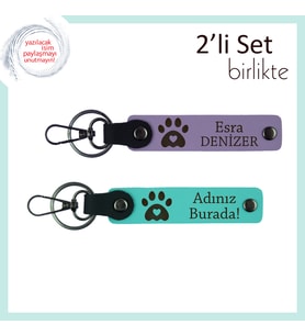 Pati Motifli Kalp Figürlü Deri Set, Kişiye Özel Yazılabilir Anahtarlık Hediye Tasarım, Mor-Turkuaz