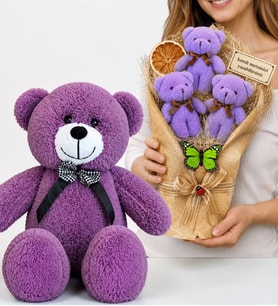 Kişiye Özel Peluş Ayıcık Buketi ve 50 cm Büyük Boy Mor Peluş Ayıcık Hediye Seti
