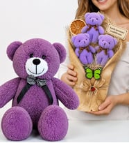 Kişiye Özel Peluş Ayıcık Buketi ve 50 cm Büyük Boy Mor Peluş Ayıcık Hediye Seti