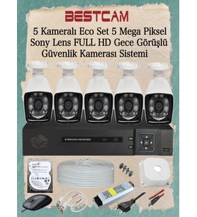 BESTCAM 5 Kameralı Eco Set 5 Mega Piksel Sony Lensli Full HD Gece Görüşlü Güvenlik Kamerası Sistemi 250 GB HDD