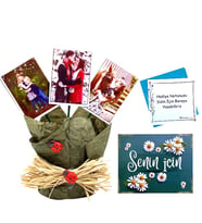 Kişiye Özel Hediye Seti / 3 Fotoğraflı Dekoratif Aranjman  YEŞİL Renkli