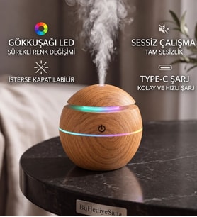 Oval Dekoratif Ahşap Görünümlü Hava Nemlendirici - RGB Led Işıklı Ultrasonik Buhar Makinesi Aroma Koku Difüzörü (150 ml, Type-C)