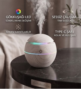 Oval Dekoratif Ahşap Görünümlü Hava Nemlendirici - RGB Led Işıklı Ultrasonik Buhar Makinesi Aroma Koku Difüzörü (150 ml, Type-C)