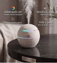 Oval Dekoratif Ahşap Görünümlü Hava Nemlendirici - RGB Led Işıklı Ultrasonik Buhar Makinesi Aroma Koku Difüzörü (150 ml, Type-C)