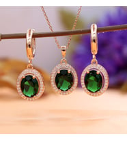 Yeşil Beyaz Zirkon Taşlı Oval Gümüş Kolye Küpe Takım