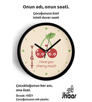 İsme Özel Kiraz ve İngilizce Yazı Çocuk Odası Duvar Saati Orta Boy 30 cm Siyah Camlı Sessiz