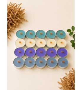 Sedefli Ahşap Fitil Tealight Mum Seti 20 Adet - Sandal Ağacı Kokulu, Yeşil, Sarı, Mor, Gri Renkli