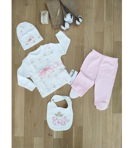 Kız Bebek 4 Lü Hastane Çıkışı Zıbın Seti STL5124 (Beyaz)