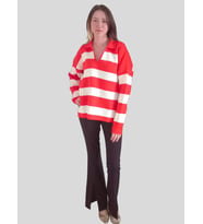 V Polo Yaka Kalın Oversize Triko Kazak - Turuncu Beyaz - Standart (Turuncu-Beyaz)