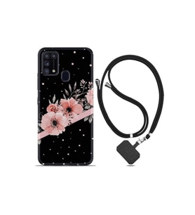 Samsung Galaxy A31 Kılıf Desenli Silikon Boyun Askılı Siyah Şerit Mermer 1298