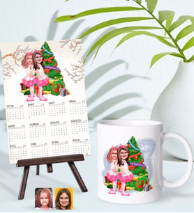 BK Gift Kişiye Özel Kız Kardeşler Yılbaşı Karikatürlü Kupa Bardak ve 13x18cm Fotoğraf Kartlı Şövaleli 2024 Takvim Hediye Seti-1