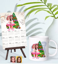 BK Gift Kişiye Özel Kız Kardeşler Yılbaşı Karikatürlü Kupa Bardak ve 13x18cm Fotoğraf Kartlı Şövaleli 2024 Takvim Hediye Seti-1