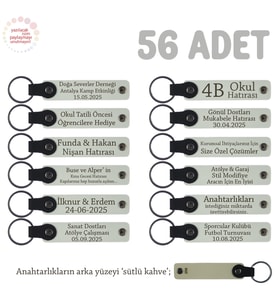 Sınıf Etkinliklerinde Öğrencilere Özel, 56'lı Set, İsim Yazılı Anı Deri Anahtarlık, Beyaz & S Kahve