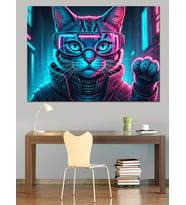 Neon Gözlüklü Siber Kedi Dekoratif Kanvas - Mdf Ahşap Tablo