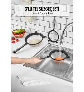 Tencereye Takılabilen 3lü Tel Süzgeç Seti (14cm-17cm-22cm) (Gri)