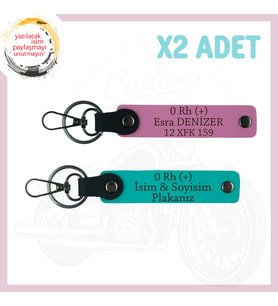 Koyu Turkuaz-Pembe, Sürücülere, İsim Plaka ve 0 Rh (+) Kan Grubu Yazılı, Motorcu Anahtarlığı Takım