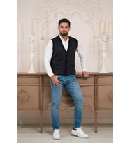 Woolen World Regular Fit Ön Cepli Kolsuz Bitik Desenli Triko Yelek (Lacivert)