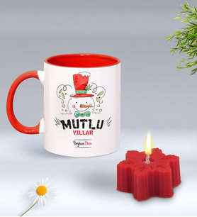 Yılbaşı Hediyesi BK Gift Kişiye Özel Yeni Yıl Tasarımlı Kırmızı Kupa Bardak ve Kırmızı Kar Tanesi Kokulu Mum Hediye Seti-5, Sevgiliye, Arkadaşa Hediye