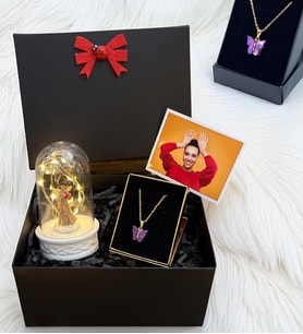 Kelebek Kolyeli Kişiye Özel Fotoğraflı Hediye Kutusu - Premium Set (Model 5)
