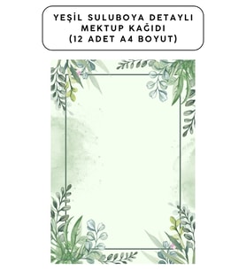 Yeşil Suluboya Detaylı Mektup Kağıdı (12 Adet A4 Boyut)